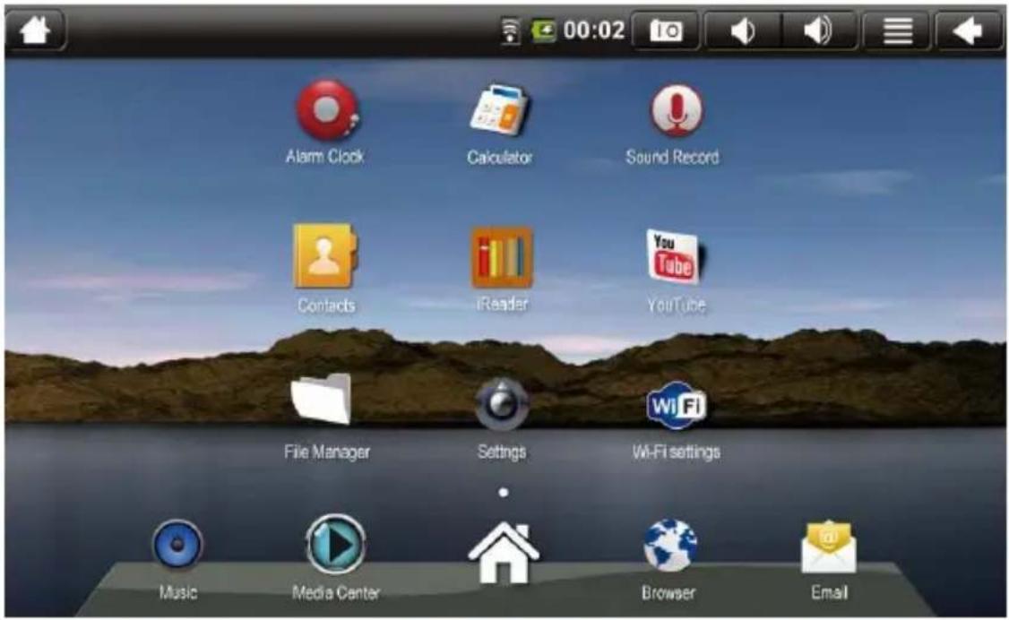 00:02 Alarm Clock Calculator Sound Record Contacts iReader YouTube File Manager Settings Wi-Fi settings Music Media Center Browser Email