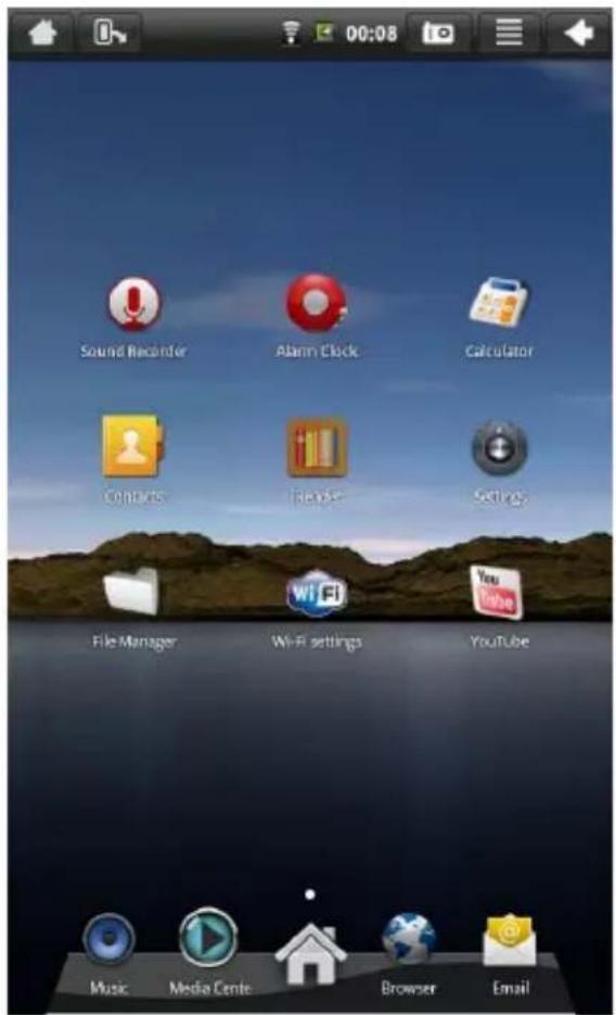 Sound Recorder Alarm Clock Calculator Computers Readers Settings File Manager Wi-Fi settings YouTube Music Media Center Browser Email