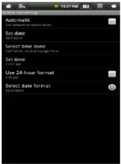 Automatic Use network provided values Set date 10/17/2019 Select time zone GMT-05:06, Central Daylight Time Set time 11:37 AM Use 24-hour format 1:00 pm Select date format 12/31/2019