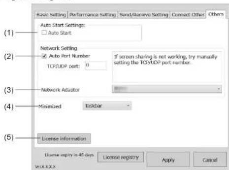(1) Basic Setting Performance Setting Sand/Receive Setting Connect Other Others Auto Start Settings: □ Auto Start (2) Network Setting ☑ Auto Port Number TCP/UDP port: 0 If screen sharing is not working, try manually setting the TCP/UDP port number. (3) Network Adaptor (4) Minimized Taskbar (5) Licen…