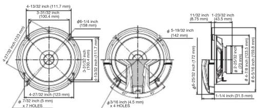 4-13/32 inch (111.7 mm) 3-31/32 inch (100.4 mm) φ6-1/4 inch (158 mm) φ5-7/32 inch (123 mm) 3-31/32 inch (100.4 mm) 4-13/32 inch (111.7 mm) φ6-25/32 inch (112 mm) 4-27/32 inch (123 mm) φ7/32 inch (5 mm) x 7 HOLES φ6-25/32 inch (112 mm) φ5-19/32 inch (142 mm) φ6-25/32 inch (8.75 mm) φ6-5/19 inch (123.8 mm) φ6-5/19 inch (123.8 mm) φ6-5/19 inch (123.8 mm) φ6-5/19 inch (123.8 mm) φ6-5/19 inch (123.8 mm) φ6-5/19 inch (123.8 mm) φ6-5/19 inch (123.8 mm) φ4-7/8 inch (123.8 mm) φ4-7/8 inch (123.8 mm) φ4-7/8 inch (123.8 mm) φ4-7/8 inch (123.8 mm) φ4-7/8 inch (123.8 mm) φ4-7/8 inch (123.8 mm) φ4-7/8 inch (123.8 mm) 1-1/4 inch (31.5 mm)