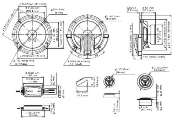 4-13/32 inch (111.7 mm) 3-31/32 inch (100.4 mm) φ6-1/4 inch (158 mm) φ19/32 inch (142 mm) φ6-25/32 inch (172 mm) 2-1/4 inch (56.5 mm) φ3-5/32 inch (80 mm) φ29/32 inch (124 mm) φ5-5/16 inch (159.8 mm) 1-1/4 inch (31.5 mm) φ1-13/16 inch (46 mm) φ2-19/32 inch (65.6 mm) φ5/8 inch (15.45 mm) φ2 inch (50.7 mm) φ1-27/32 inch (46.8 mm) φ3-23/32 inch (94 mm) φ7/32 inch (5 mm) x 7 HOLES 3-13/32 inch (86 mm) 3-1/16 inch (77 mm) 29/32 inch (21 mm) 1-27/32 inch (45 mm) φ5/8 inch (21.3 mm) φ29/32 inch (77 mm) φ5/8 inch (15.45 mm) φ19/32 inch (8.6 mm)