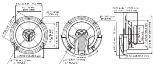 4-13/32 inch (111.7 mm) 3-31/32 inch (100.4 mm) #6-1/4 inch (158 mm) 4-27/32 inch (111.7 mm) 4-27/32 inch (123 mm) 7/32 inch (5 mm) x 7 HOLES 3/16 inch (4.5 mm) x 4 HOLES #5-19/32 inch (142 mm) #6-25/32 inch (172 mm) 21/32 inch (16 mm) 1-23/32 inch (43.5 mm) #2-31/32 inch (75 mm) #2-7/8 inch (123.5 mm) #2-8/16 inch (109.6 mm) -1/4 inch (31.5 mm)