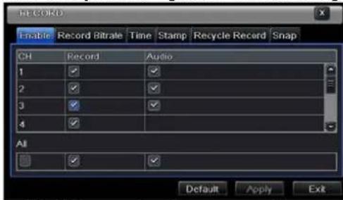 RECORD Enable Record Bitrate Time Stamp Recycle Record Snap CH Record Audio 1 ✓ ✓ 2 ✓ ✓ 3 ✓ ✓ 4 ✓ All Default Apply Exit