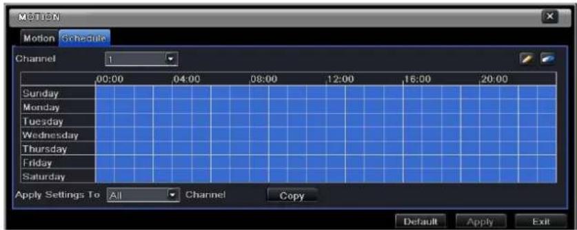 MOTION Motion Schedule Channel 1 00:00 04:00 08:00 12:00 16:00 20:00 Sunday Monday Tuesday Wednesday Thursday Friday Saturday Apply Settings To All Channel Copy Default Apply Exit