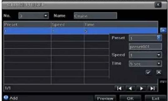 Cruise Prent No. 3 Name Cruise Preset Speed Time 1 Preset 1 preset001 Speed 1 Time 5 sec 1/1 Add Preview OK Exit