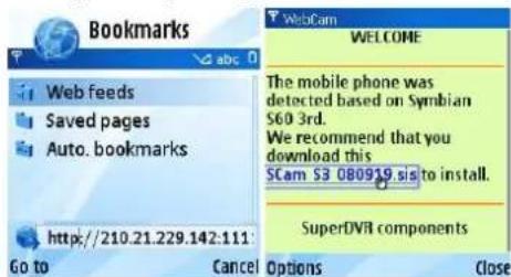 Bookmarks Web feeds Saved pages Auto. bookmarks http://210.21.229.142:111: Go to Cancel WebCam WELCOME The mobile phone was detected based on Symbian S60 3rd. We recommend that you download this SCam $3 080919.sis to install. SuperDVR components Options Close