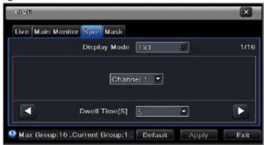 Live Main Monitor Spot Mask Display Mode 1X1 1/16 Channel: 1 Dwell Time[S] 5 Max Group:16 .Current Group:1 . Default Apply Exit