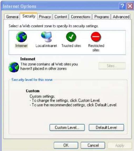Internet Options General Security Privacy Content Connections Programs Advanced Select a Web content zone to specify its security settings. Internet Local intranet Trusted sites Restricted sites Internet This zone contains all Web sites you haven't placed in other zones Sites... Security level for this zone Custom Custom settings. - To charge the settings, click Custom Level. - To use the recommended settings, click Default Level Custom Level... Default Level OK Cancel Apply