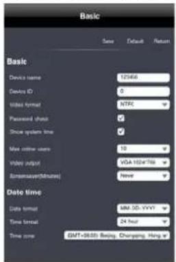 Basic Save Default Return Basic Device name 123464 Device ID 0 Video format HTML Password shield ✓ Show system time ✓ Mail online users 10 ✓ Video output VGA 1024786 ✓ Epicemaver(Minutes) Never ✓ Date time Data format MM.55:YYYY Time format 24 hour ✓ Time zone GMT+98:00 Beijing Charging Hong at