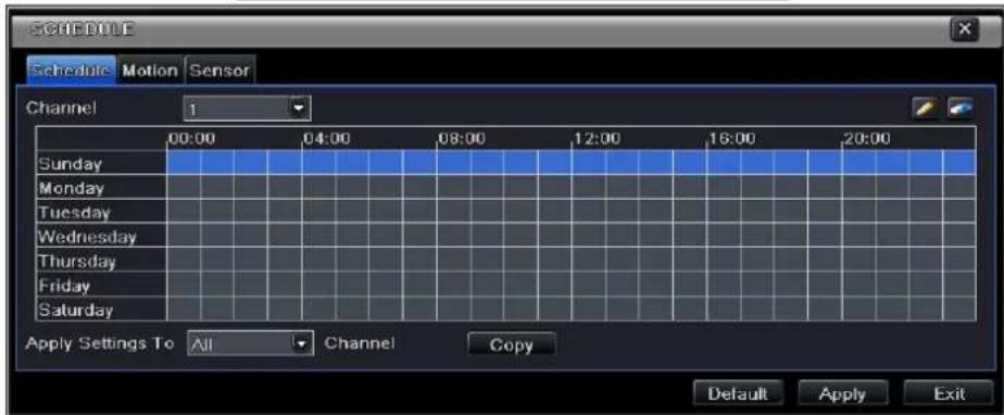 SCHEDULE Schedule Motion Sensor Channel 1 00:00 04:00 08:00 12:00 16:00 20:00 Sunday Monday Tuesday Wednesday Thursday Friday Saturday Apply Settings To All Channel Copy Default Apply Exit