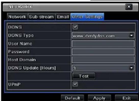 NETWORK Network Sub-stream Email Other Settings DDNS DDNS Type www.dvrdydns.com User Name Password Host Domain DDNS Update [Hours] 3 Test UPnP Default Apply Exit