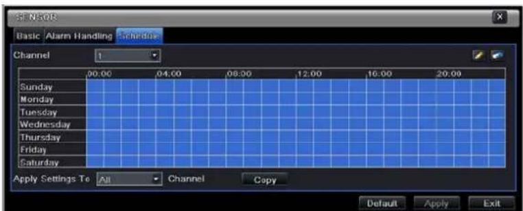 SENSOR Basic Alarm Handling Schedule Channel 1 00.00 04.00 08.00 12.00 16.00 20.00 Sunday Monday Tuesday Wednesday Thursday Friday Saturday Apply Settings To All Channel Copy Default Apply Exit