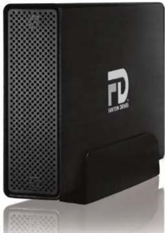 Black hard drive with perforated grille and 'FD' logo, no visible text or symbols on device body