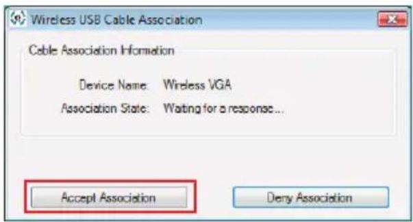 Wireless USB Cable Association Cable Association Information Device Name: Wireless VGA Association State: Waiting for a response... Accept Association Deny Association
