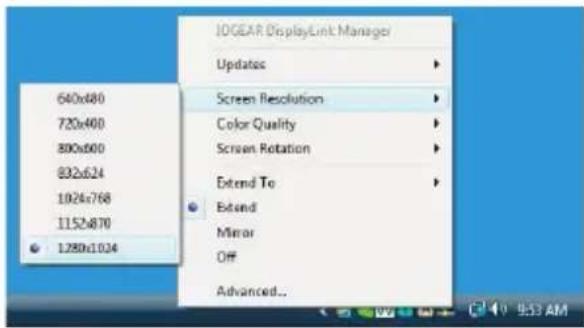IOGEAR DisplayLink Manager Updates Screen Resolution Color Quality Screen Rotation Extend To Extend Mirror Off Advanced...