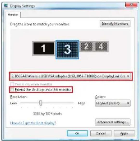 Display Settings Monitor Drag the icons to match your monitors. Identify Monitors 1 3 2 4 3. IOGEAR Wireless USB VGA adapter (USB_1056-T10003) on DisplayLink Grid This is my main monitor Extend the desktop onto this monitor Resolution: Low High Colors: Highest (32 bit) 1280 by 1024 pixels How do I get the best display? Advanced Settings... OK Cancel Apply
