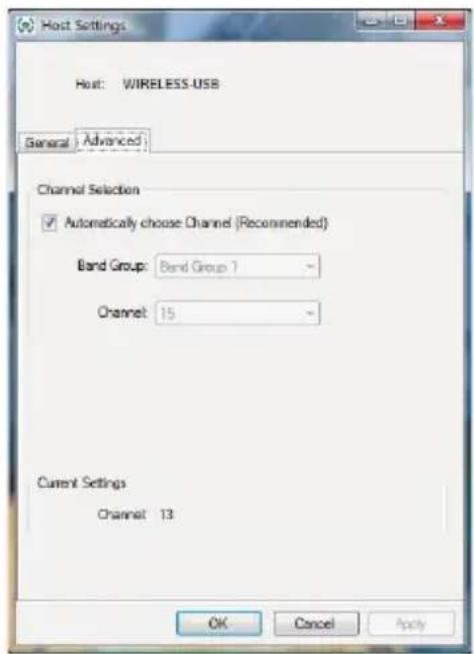 Host Settings Host: WIRELESS-USB General Advanced Channel Selection ✓ Automatically choose Channel (Recommended) Band Group: Band Group 1 - Channel: 15 - Current Settings Channel 13 OK Cancel Apply