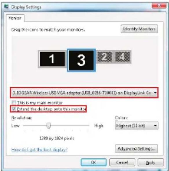 Display Settings Monitor Drag the icons to match your monitors. Identify Monitors 1 3 2 4 3.10GEAR Wireless USB VGA adapter (USB_0056-T00012) on DisplayLink Gr: This is my main monitor Extend the desktop onto this monitor Resolution: Low High Colors: Highest (Q1 bit) 1280 by 1024 pixels How do I get the best display? Advanced Settings... OK Cancel Apply