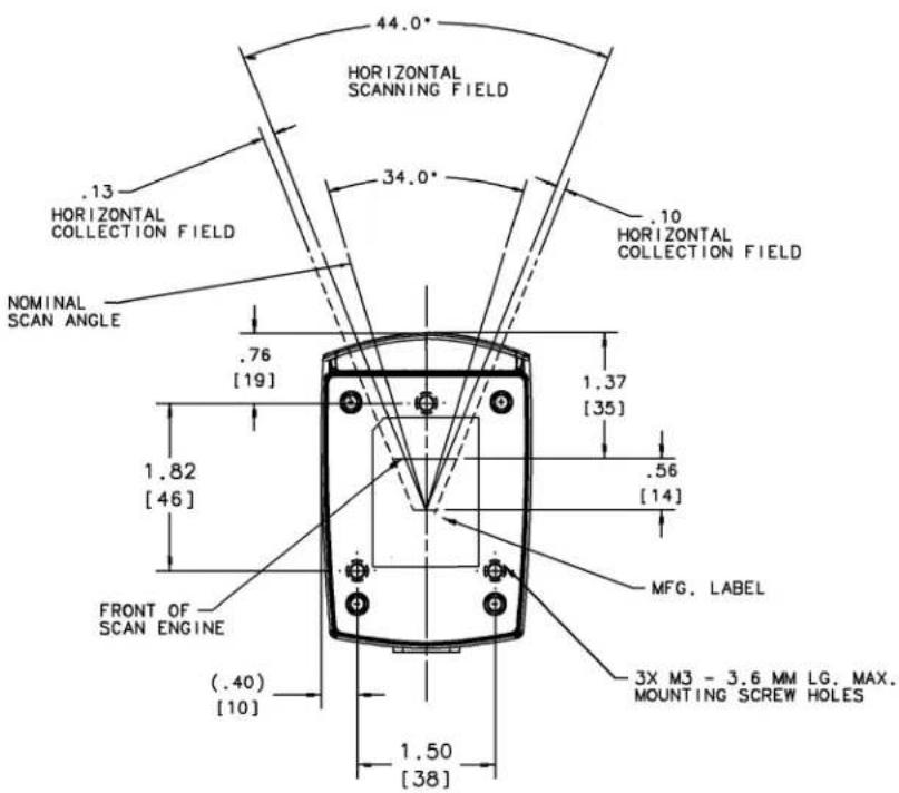 44.0° HORIZONTAL SCANNING FIELD 34.0° .13 HORIZONTAL COLLECTION FIELD .10 HORIZONTAL COLLECTION FIELD NOMINAL SCAN ANGLE .76 [19] 1.82 [46] 1.37 [35] .56 [14] FRONT OF SCAN ENGINE (.40) [10] MFG. LABEL 3X M3 - 3.6 MM LG. MAX. MOUNTING SCREW HOLES 1.50 [38]