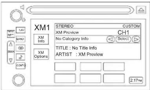 XM1 STEREO CUSTOM XM Preview CH1 No Category Info Select TITLE : No Title Info ARTIST : XM Preview XM Info XM Options 2:17PM