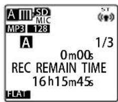 A III SD MIC MP3 128 A 1/3 0m00s REC REMAIN TIME 16h15m45s FLAT