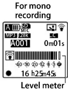 For mono recording A 5D MIC MP3 128K A001 0m01s -0-30 -20-12 -6-3 16 h25m45s Level meter