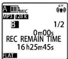 A III MIC MP3 128 K B 1/2 0m00s REC REMAIN TIME 16 h25m45s FLAT