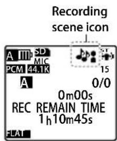 Recording scene icon A III SD MIC PCM 44.1K A 0/0 0m00s REC REMAIN TIME 1h10m45s FLAT