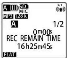 A IIIb SD MIC MP3 128 K A 1/2 0m00s REC REMAIN TIME 16h25m45s FLAT