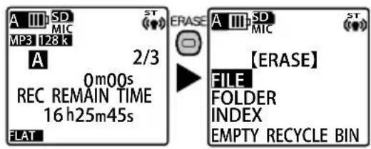 A III SD MIC MP3 128 k A 2/3 0m00s REC REMAIN TIME 16 h25m45s FLAT ERASE A III SD MIC 【ERASE】 FILE FOLDER INDEX EMPTY RECYCLE BIN