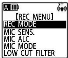 A III 【REC MENU】 REC MODE MIC SENS. MIC ALC MIC MODE LOW CUT FILTER