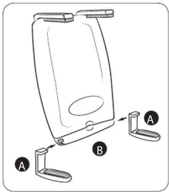 Diagram of a device with labeled parts A and B, showing a mechanical or electronic component assembly.