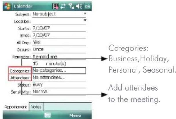 Calendar Subject: No subject Location: Starts: 7/10/07 Ends: 7/10/07 All Day: Yes Occurs: Once Reminder: Remind me 15 minute(s) Categories: No categoris... Attendees: No attendees... Status: Busy Sensitivity: Normal Categories: Business,Holiday, Personal, Seasonal. Add attendees to the meeting. Appointment: Notes Menu