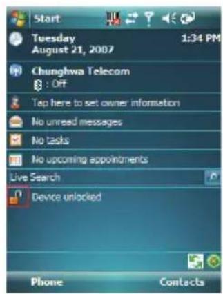 Start Tuesday August 21, 2007 1:34 PM Chunghwa Telecom : Off Tap here to set owner information No unread messages No tasks No upcoming appointments Live Search Device unlocked Phone Contacts