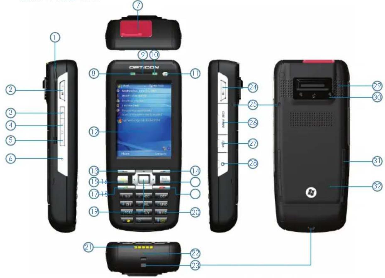 Exploded view diagram of an Opticon mobile phone with numbered parts for identification and labeling.