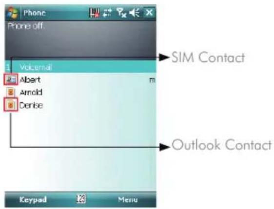 Phone off Voicemail Albert Arnold Denise SIM Contact Outlook Contact Keypad Menu
