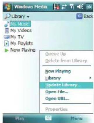 Windows Media Library My Music My Videos My TV My Playlists Now Playing Queue Up Delete from Library Now Playing Library Update Library... Open File... Open URL... Properties Play Menu