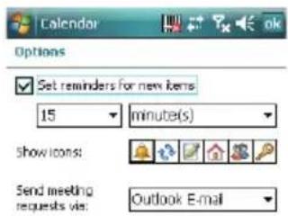 Calendar Options Set reminders for new items 15 minute(s) Show icons Send meeting requests vis: Outlook E-mail