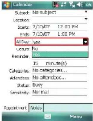 Calendar Subject: No subject Location: Starts: 7/10/07 12:00 PM Ends: 7/10/07 1:00 PM All Day: Yes Occurs: No Reminder: Yes 15 minute(s) Categories: No categories... Attendees: No attendees... Status: Busy Sensitivity: Normal Appointment: Notes Menu