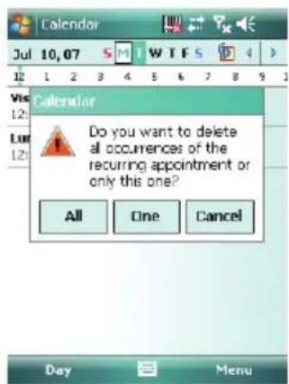 Calendar Do you want to delete all occurrences of the recurring appointment or only this one? All One Cancel