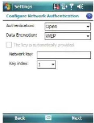 Settings Configure Network Authentication Authentication: Open Data Encryption: WEP The key is automatically provided Network key: Key index: 1 Back Next
