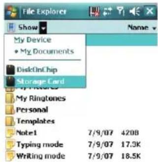 File Explorer Show Name My Device • My Documents DiskOnChip Storage Card My Pictures My Ringtones Personal Templates Note1 7/9/07 4208 Typing mode 7/9/07 17.3K Writing mode 7/9/07 18.5K