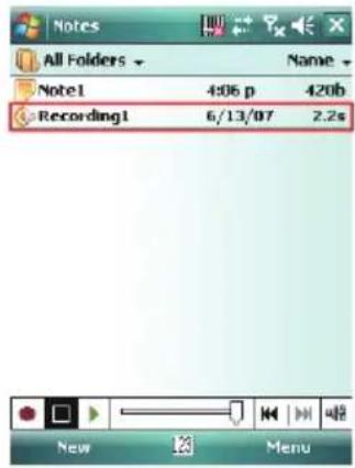 Notes All Folders Name Note1 4:06 p 420b Recording1 6/13/07 2.2s New Menu