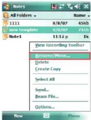 All Folders 1111 8/8/07 456b new template 8/8/07 716b Note1 11:12 p 1k View Recording Toolbar Rename/Move... Delete Create Copy Select All Send... Beam File... Options... New Menu