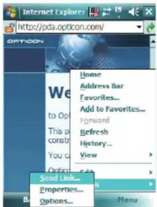 Internet Explorer http://pda.opticon.com/ OPPICON Home Address Bar Favorites... Add to Favorites... Forward Refresh History... View Send Link... Properties... Options... Menu