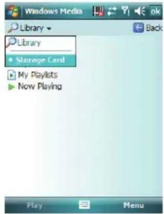Windows Media Library Library Storage Card My Playlists Now Playing Play Menu