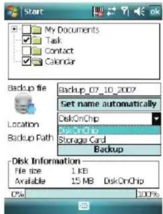Start My Documents Task Contact Calendar Backup file Backup_07_10_2007 Set name automatically DiskOnChip DiskOnChip Storage Card Backup Location Backup Path Disk Information File size 1 KB Available 15 MB DiskOnChip 0% 100%