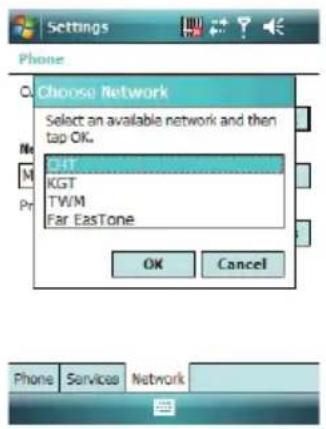 Settings Phone Choose Network Select an available network and then tap OK. CHT KGT TW/M Far EasTone OK Cancel Phone Services Network