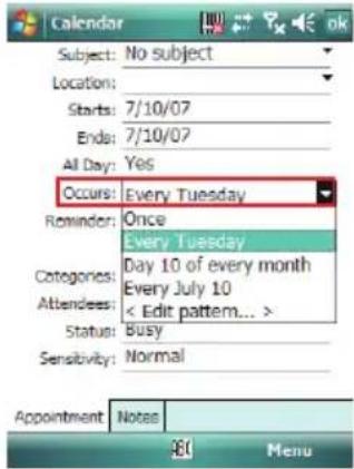Calendar Subject: No subject Location: Starts: 7/10/07 Ends: 7/10/07 All Day: Yes Occurs: Every Tuesday Reminder: Once Every Tuesday Categories: Day 10 of every month Every July 10 Attendees: < Edit pattern... > Status: Busy Sensitivity: Normal Appointment: Notes Menu